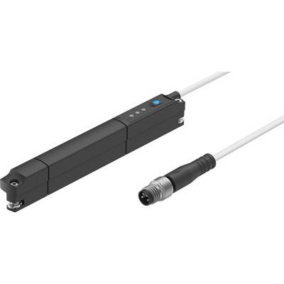 Lineaire sensor in rechthoekige vorm met kabel en stekker, geschikt voor nauwkeurige positiemetingen in industriële toepassingen.