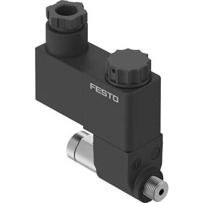 Een zwart Festo-ventiel met zilveren aansluiting. Bovenkant van het ventiel met twee draaibare knoppen voor afstelling.