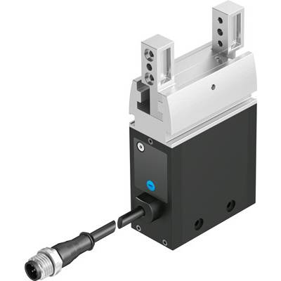 Elektrische grijper met twee parallel lopende grijparmen en aansluitkabel, gebruikt voor precisie materiaalhanterings- en manipulatietoepassingen.