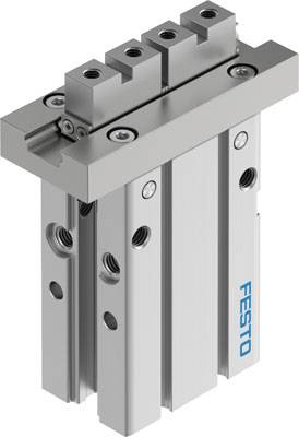 Pneumatische grijptang van Festo, zilveren metalen behuizing, geschikt voor precisie-industriële toepassingen.
