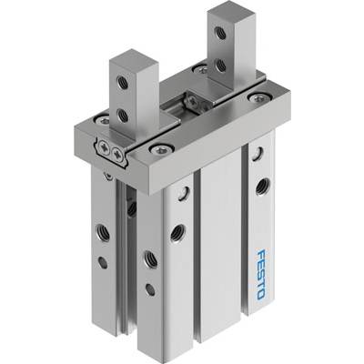 Een pneumatische grijper van Festo met twee parallelle grijparmen, geschikt voor industriële automatisering en precisiehantering.