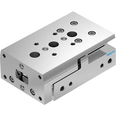 Een rechthoekige, zilveren pneumatische cilinder met meerdere gaten en schroeven, geschikt voor industriële automatisering.