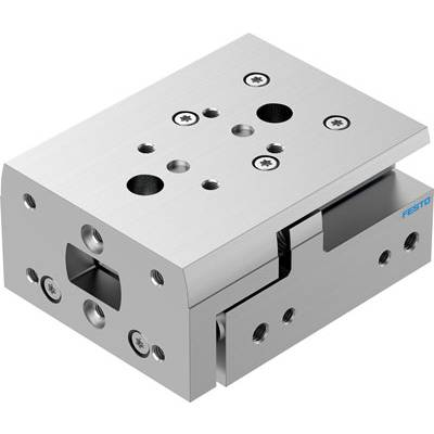 Een rechthoekige, zilveren mechanische schuif met meerdere schroeven en gaten, vermoedelijk bedoeld voor industriële machine-toepassingen.