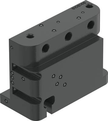 Zwart metalen onderdeel met meerdere boringen en afgeronde hoeken, mogelijk een machineonderdeel of bevestigingssteun.