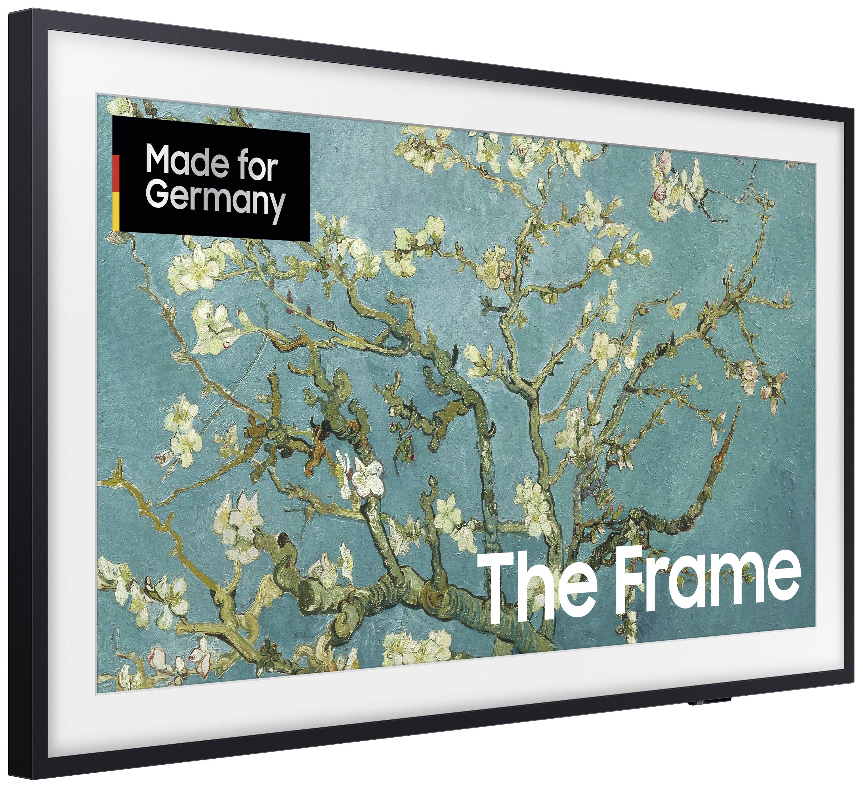 Schilderij van een bloeiende amandeltwijg op een blauwe achtergrond, omgeven door een lijst. Tekst: 'Made for Germany', 'The Frame'.