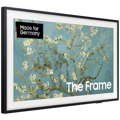 Schilderij van een bloeiende amandeltwijg op een blauwe achtergrond, omgeven door een lijst. Tekst: 'Made for Germany', 'The Frame'.