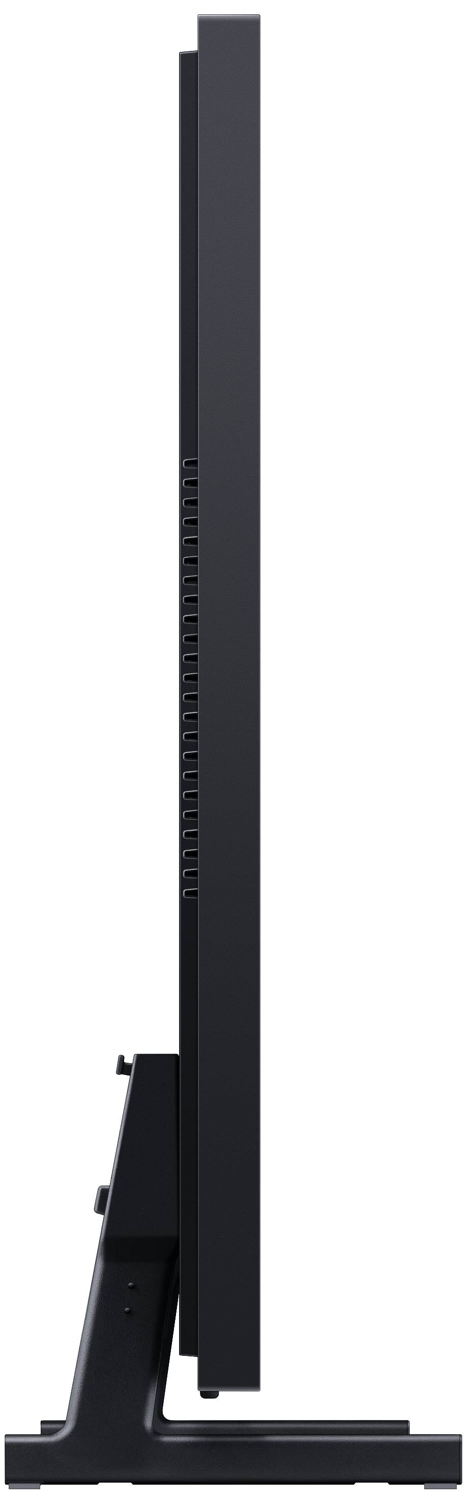 Zijaanzicht van een zeer dunne, zwarte computermonitor op een standaard, waarbij de slanke constructie wordt benadrukt.