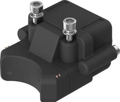 Zwart elektronisch onderdeel met twee metalen aansluitingen bovenaan, waarschijnlijk een bobine voor voertuigen.