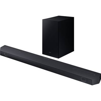 Zwarte soundbar en subwoofer, naast elkaar geplaatst, voor een witte achtergrond. Geschikt voor home cinema- en muziekinstallaties.