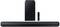Soundbar-set met subwoofer en afstandsbediening, allemaal in het zwart. Ideaal voor geoptimaliseerd tv-geluid en draadloos audio-streaming.