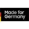 Zwarte achtergrond met het zilveren opschrift 'Made for Germany'. Links een smalle strook in de kleuren van de Duitse nationale vlag.