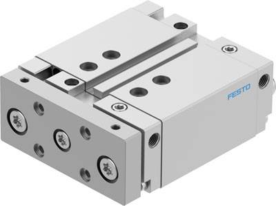 Een rechthoekige pneumatische cilinder in metaallook met meerdere schroeven en het bedrijfslogo 'Festo' aan de rechterkant.
