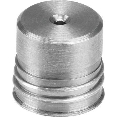 Een zilveren, cilindrisch metalen onderdeel met een centrale uitsparing en groeven aan de onderkant.