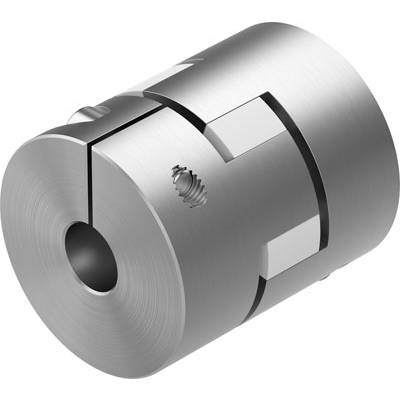 Metalen koppeling met cilindrische vorm, groeven en schroefdraad, gebruikt voor het verbinden van machinedelen.