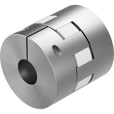 Een zilveren metalen koppelingshuls met meerdere sleuven en een schroef voor het verbinden van mechanische onderdelen of machineas.