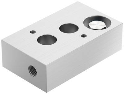 Rechthoekig metalen blok met meerdere cirkelvormige uitsparingen en een draadgat aan de zijkant.