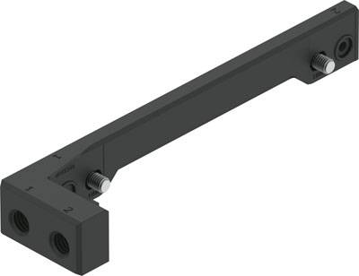 Een metalen hoekverbinder met drie schroefgaten, twee gaten aan het ene uiteinde en één gat aan het andere uiteinde, voor structurele verbinding.
