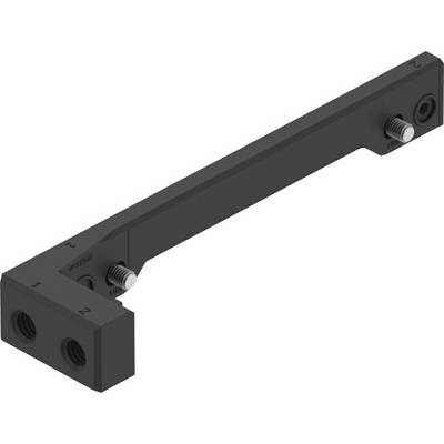 Een metalen hoekverbinder met drie schroefgaten, twee gaten aan het ene uiteinde en één gat aan het andere uiteinde, voor structurele verbinding.