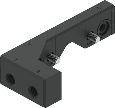 Een zwart, L-vormig machinedeel met twee schroefdraden en gaten, herkenbaar voor mechanische of industriële toepassingen.