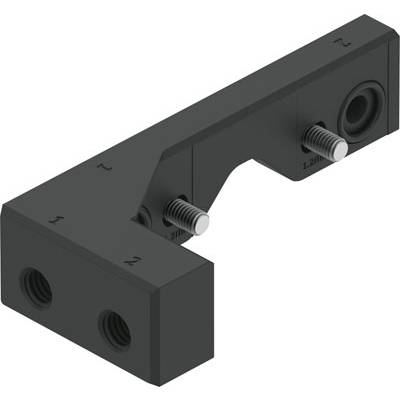 Een rechthoekige zwarte metalen verbinder met twee schroefgaten en verhoogde schroeven, mogelijk voor machine- of meubelopbouw.