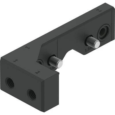 Een zwarte, L-vormige metalen beugel met uitstekende schroeven aan de zijkanten. Geschikt voor bevestiging of stabilisatie.