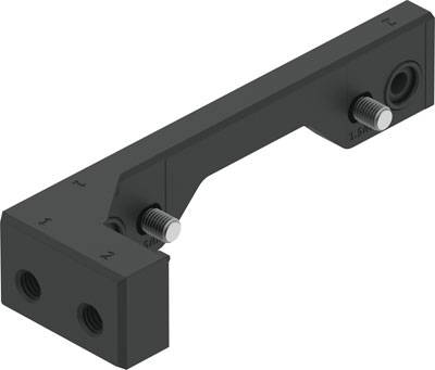 Metalen L-vormige beugel met twee schroefgaten en schroefkop, vermoedelijk bedoeld voor machine- of bouwtoepassingen.