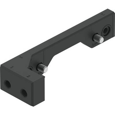Metalen L-vormige beugel met twee schroefgaten en schroefkop, vermoedelijk bedoeld voor machine- of bouwtoepassingen.