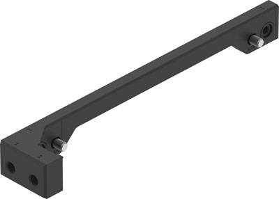 L-vormige, zwarte metalen arm met twee bevestigingsgaten aan elk uiteinde, gebruikt voor montage of structurele ondersteuning.