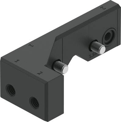Metalen verbindingsstuk met draadbouten, twee gaten aan elke zijde. Wordt vaak gebruikt voor verbindingen in machinebouwtoepassingen.