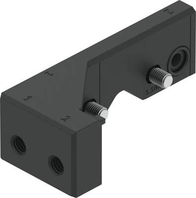 Een zwart, L-vormig metalen onderdeel met schroefgaten en twee zichtbare schroeven. Geschikt voor montage- of verbindingsdoeleinden.