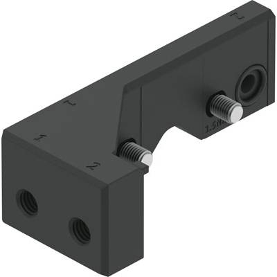 Zwart, L-vormig verbindingsstuk met twee schroefgaten aan elke zijde, bedoeld voor het bevestigen van componenten in machine- of bouwprojecten.