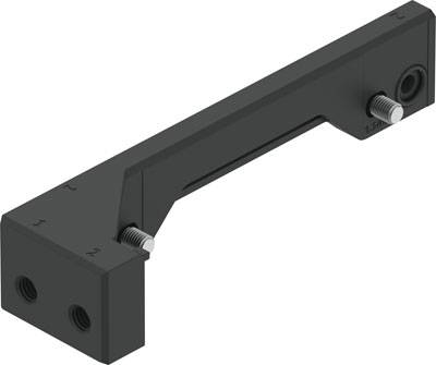 L-vormig zwart metalen stuk met twee schroefverbindingen; gebruikt voor bevestiging of montage in mechanische systemen.