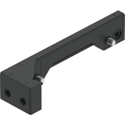 L-vormig zwart metalen stuk met twee schroefverbindingen; gebruikt voor bevestiging of montage in mechanische systemen.