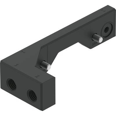 Zwart, L-vormig onderdeel met schroefgaten aan beide uiteinden. Wordt gebruikt voor mechanische bevestigingen in machinebouw.