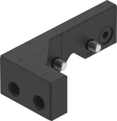 Zwart L-vormig verbindingselement met twee schroeven en twee schroefdraadgaten, vermoedelijk onderdeel van een mechanische constructie.