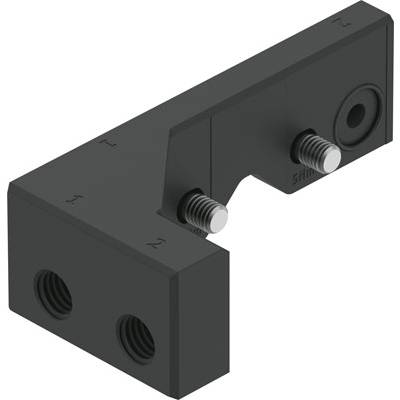 Zwart L-vormig verbindingselement met twee schroeven en twee schroefdraadgaten, vermoedelijk onderdeel van een mechanische constructie.