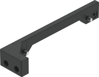 Zwarte metalen bevestigingsarm in L-vorm, met twee schroefgaten aan het korte uiteinde en twee schroeven langs de lange arm.