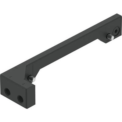 Een lange, L-vormige metalen hoek met twee boutgaten en twee uitstekende schroeven, vermoedelijk bedoeld voor montagedoeleinden.