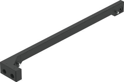 Een lange, donkergrijze metalen hoek met gaten aan beide uiteinden, geschikt voor structurele of frameversteviging.
