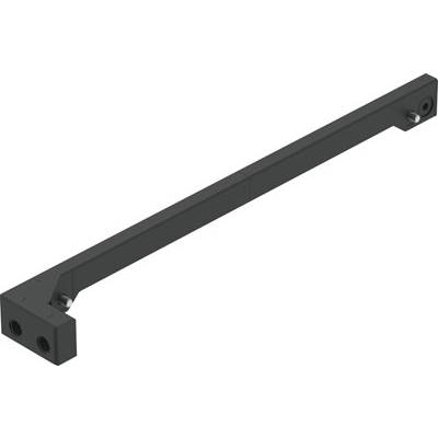 Een lange, donkergrijze metalen hoek met gaten aan beide uiteinden, geschikt voor structurele of frameversteviging.