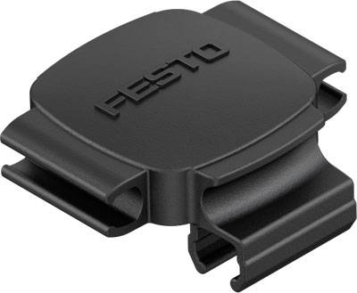 Kunststof klem met gegraveerd 'FESTO'-logo, geschikt voor het bevestigen van objecten.