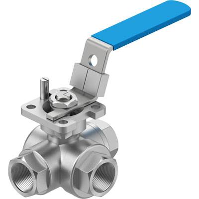 Een zilveren driewegige kogelkraan met blauwe hefboomgreep, geschikt voor gebruik in buisleidingsystemen voor stroomregeling.