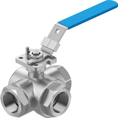 Metalen kogelkraan met drie aansluitingen en blauwe hendel. Gebruikt in sanitaire of industriële toepassingen voor vloeistofstroomregeling.