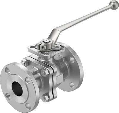 Metalen kogelkraan met handgreep voor het regelen van vloeistof- of gasstroom in buisleidingsystemen.