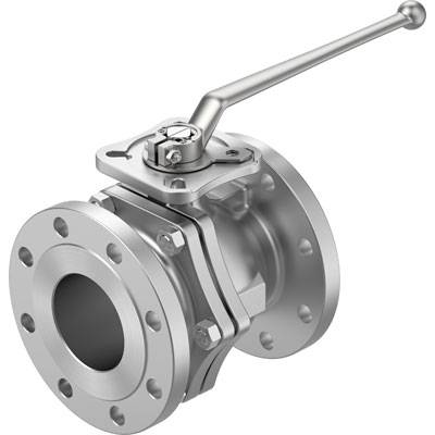 Metalen kogelkraan met hendel, geschikt voor het regelen van vloeistof- of gasstroom in buisleidingsystemen.