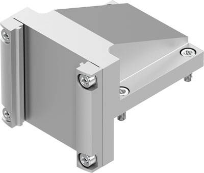 Metalen bevestigingsplaatje met meerdere schroefgaten, als onderdeel van een grotere structuur of machine.