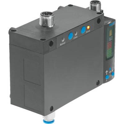 Een elektrisch drukregelventiel met digitale weergave, knoppen voor handmatige bediening en blauwe aansluitingen voor pneumatiekslangen.