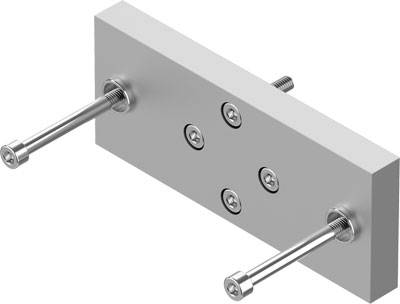 Metalen plaat met twee uitstekende schroeven en drie ingebedde schroeven, voor bevestigingsdoeleinden in technische toepassingen.