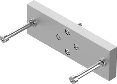 Metalen plaat met twee lange schroeven en verschillende kleinere schroeven, vermoedelijk onderdeel van een bevestigingsmechanisme.
