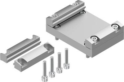 Metalen machineonderdeel met een rechthoekige basisplaat en twee verwijderbare bevestigingen. Vier schroeven zijn afgebeeld.